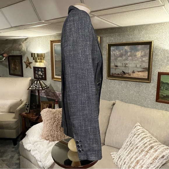 TOMMY HILFIGER Womens 10 Navy Blue Tweed Linen Look Jacket Blazer Lapel Logo Pin - Picture 5 of 16